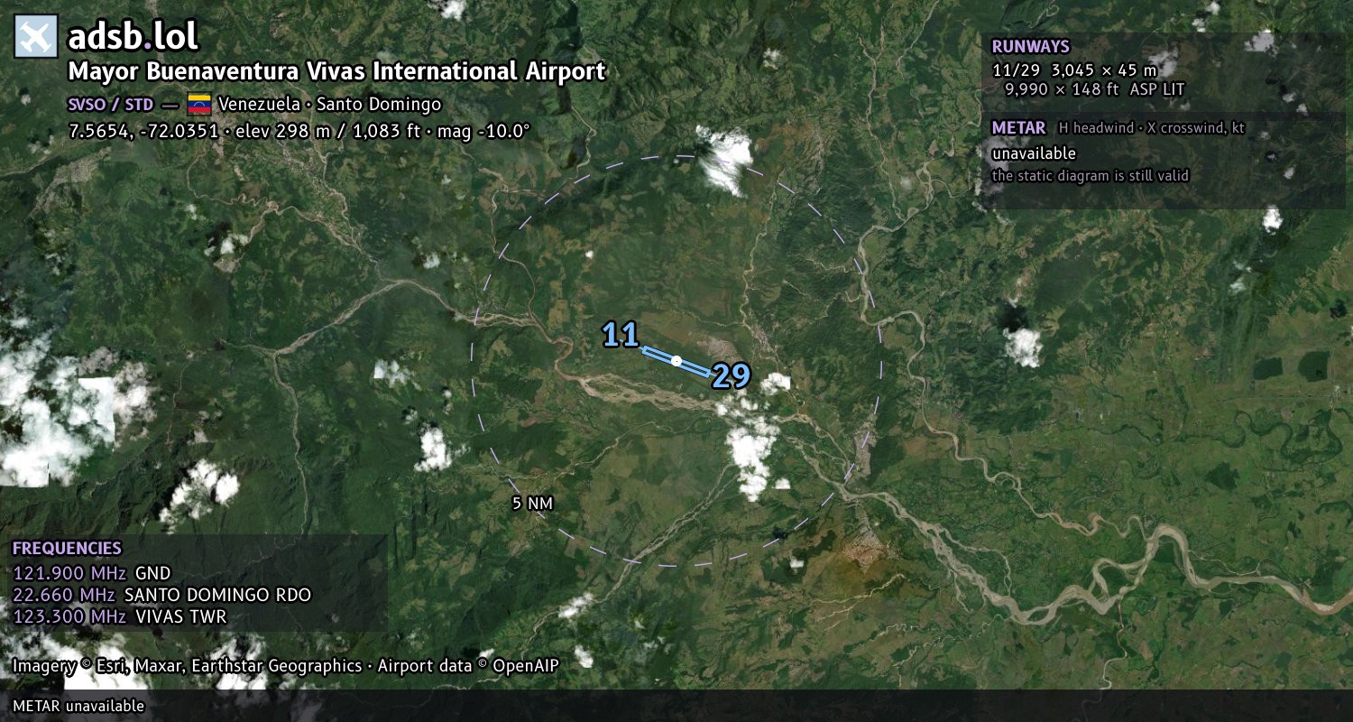 Satellite map with the runway layout of Mayor Buenaventura Vivas International Airport (SVSO)