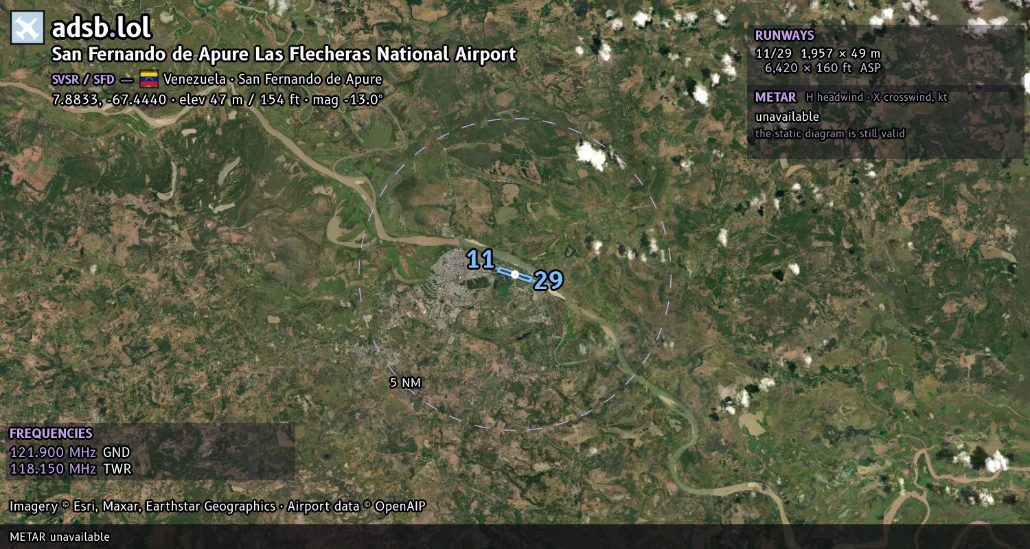 Satellite map with the runway layout of San Fernando de Apure Las Flecheras National Airport (SVSR)