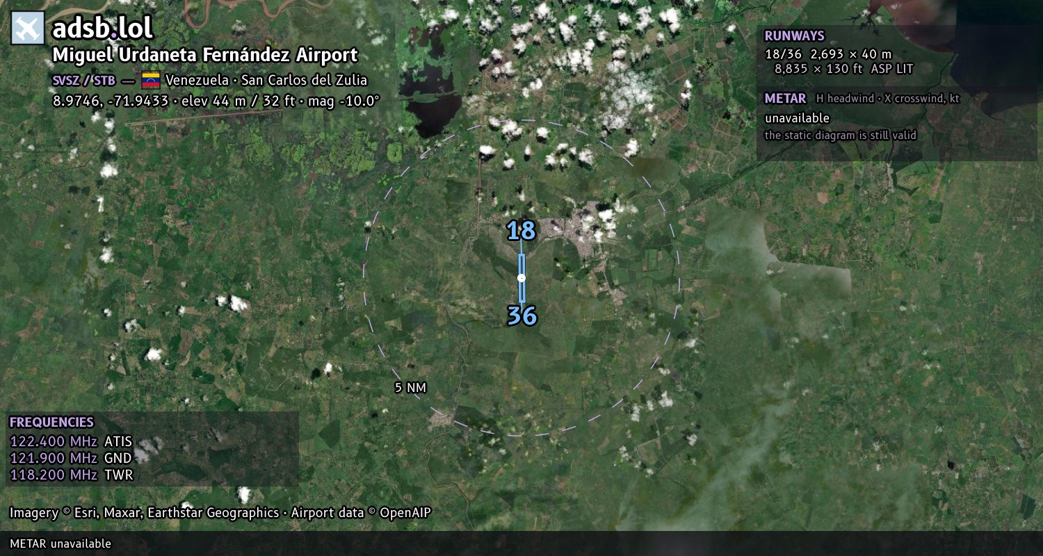 Satellite map with the runway layout of Miguel Urdaneta Fernández Airport (SVSZ)