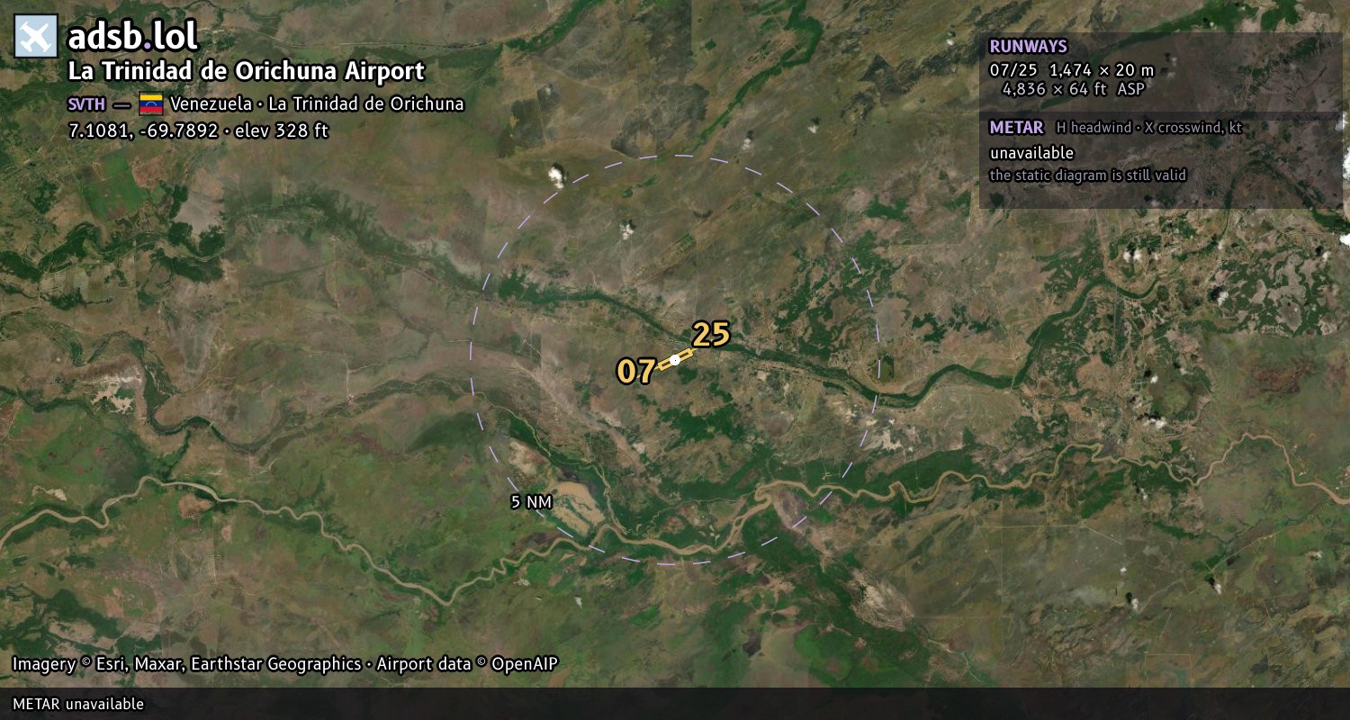 Satellite map with the runway layout of La Trinidad de Orichuna Airport (SVTH)