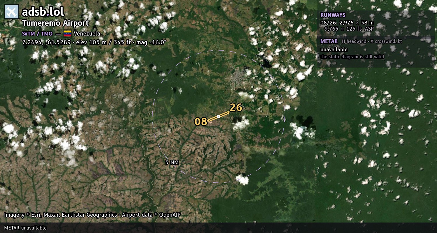 Satellite map with the runway layout of Tumeremo Airport (SVTM)