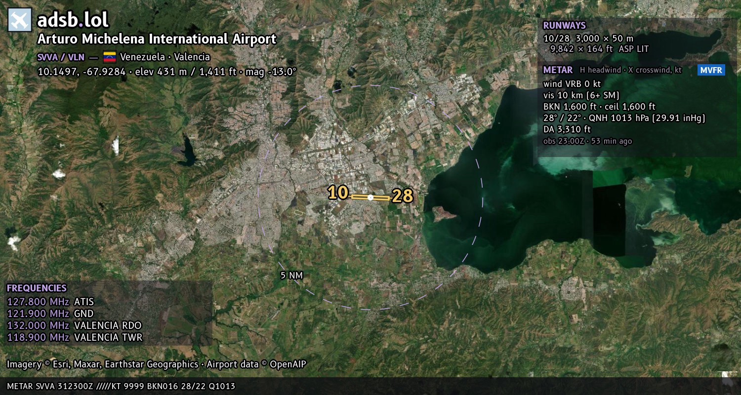 Satellite map with the runway layout of Arturo Michelena International Airport (SVVA)