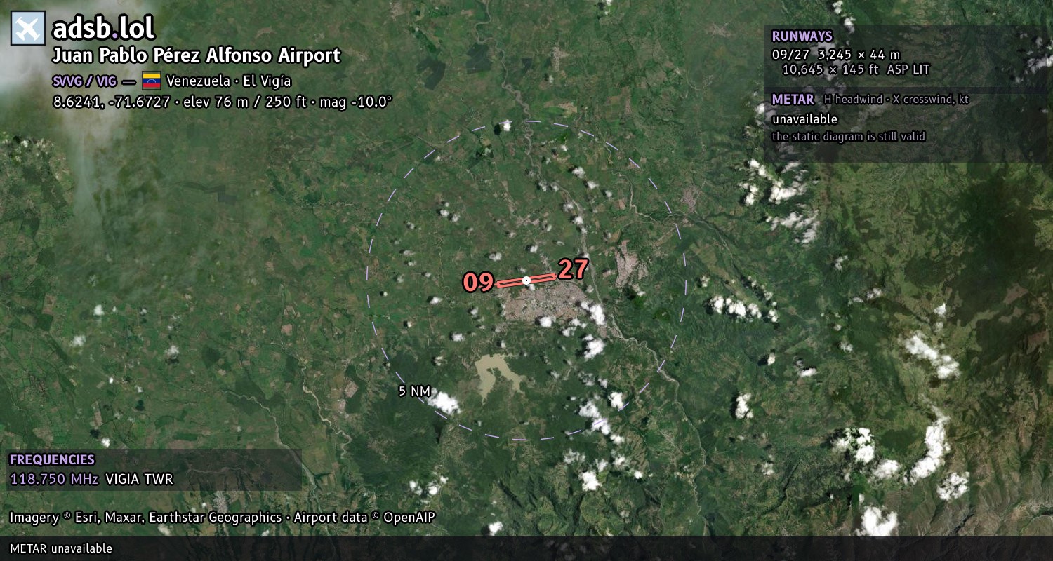 Satellite map with the runway layout of Juan Pablo Pérez Alfonso Airport (SVVG)