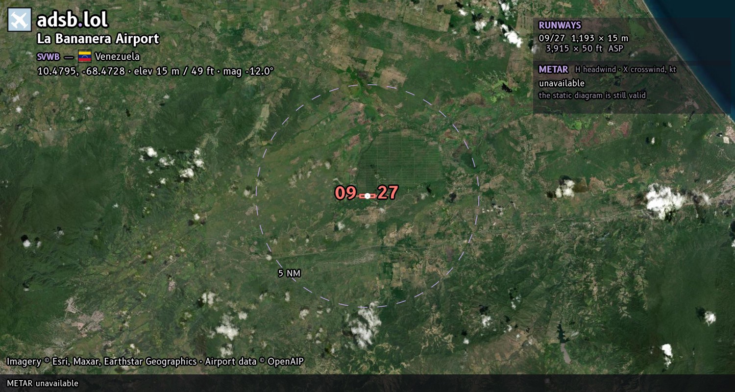 Satellite map with the runway layout of La Bananera Airport (SVWB)