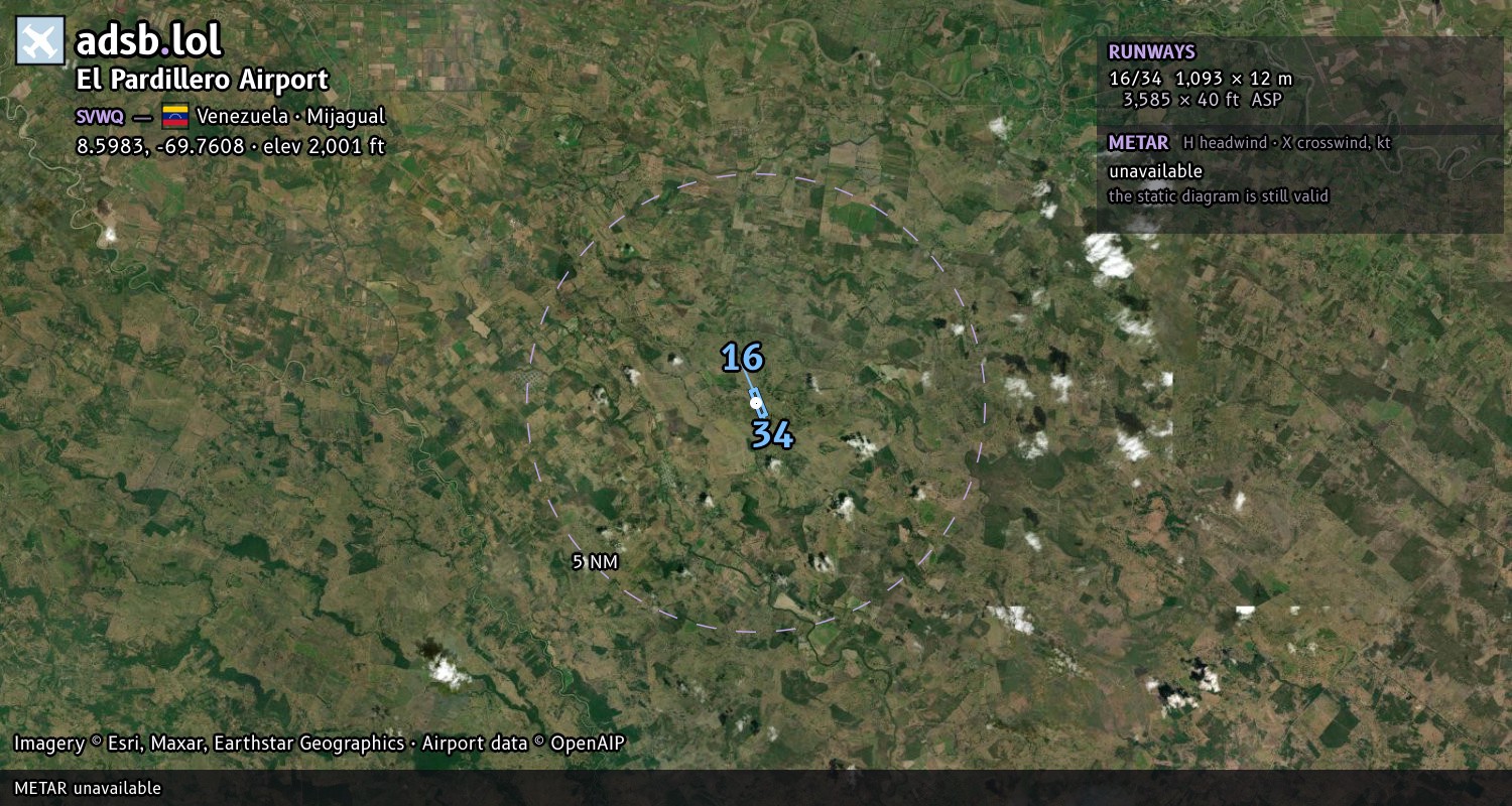 Satellite map with the runway layout of El Pardillero Airport (SVWQ)