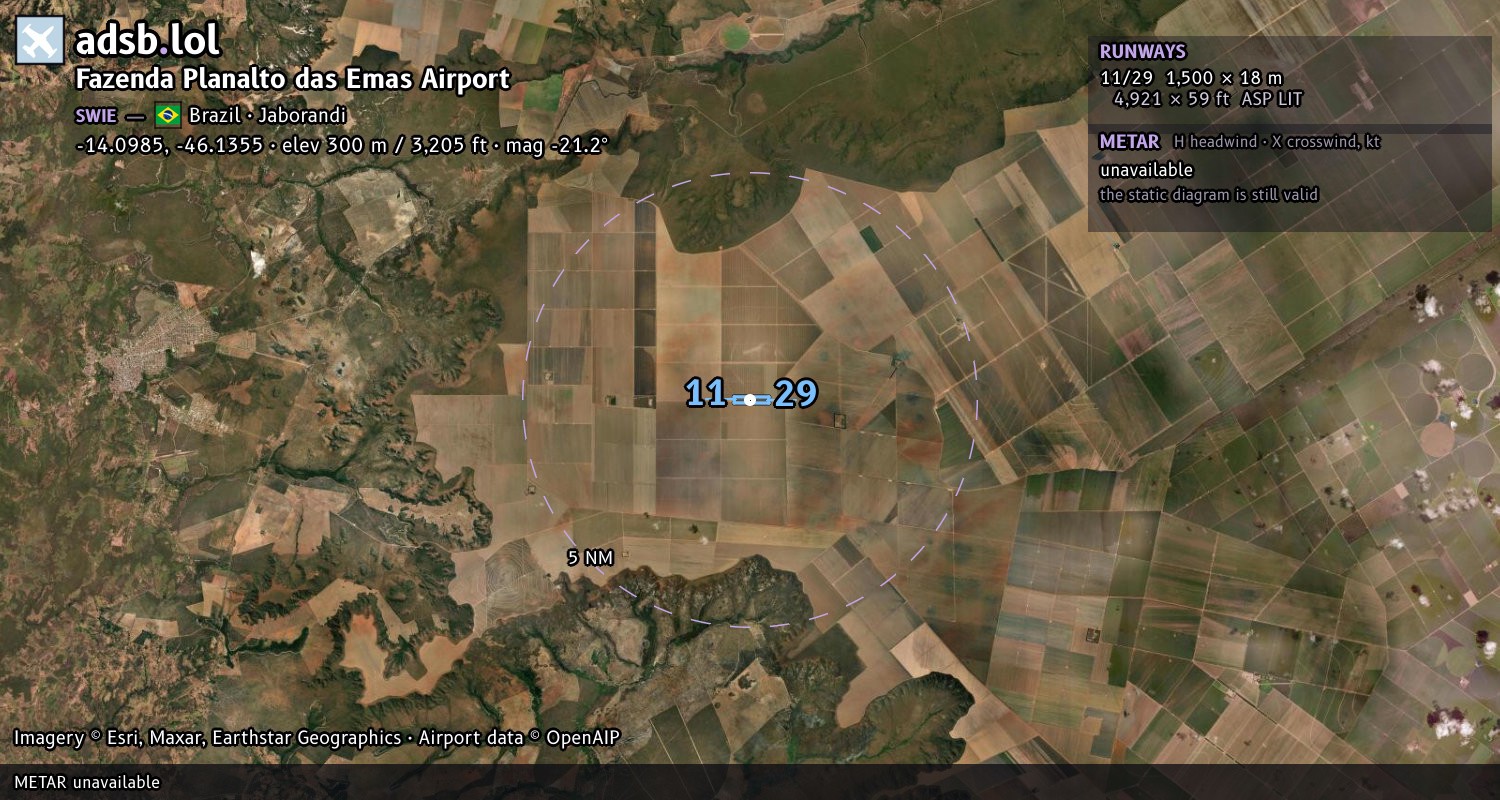 Satellite map with the runway layout of Fazenda Planalto das Emas Airport (SWIE)