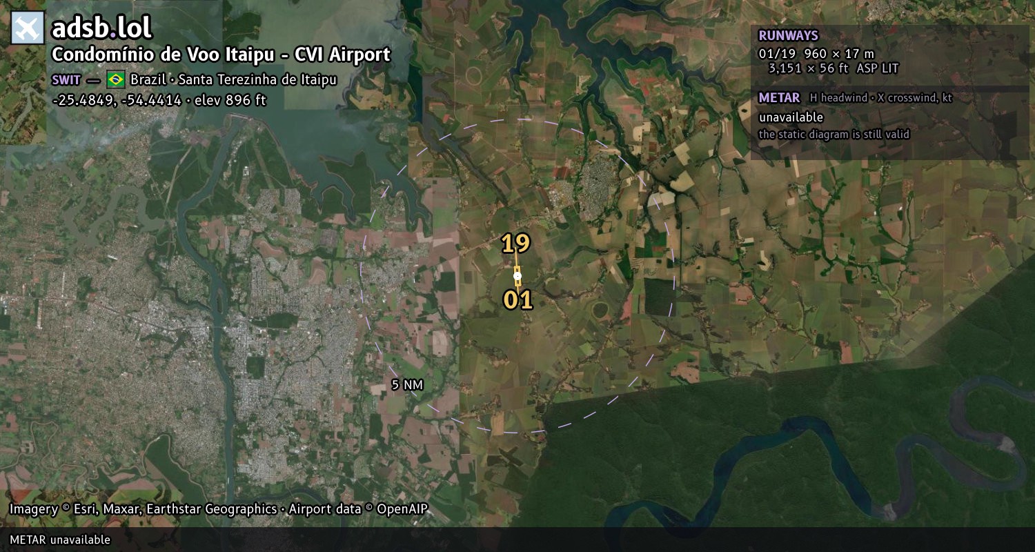 Satellite map with the runway layout of Condomínio de Voo Itaipu - CVI Airport (SWIT)