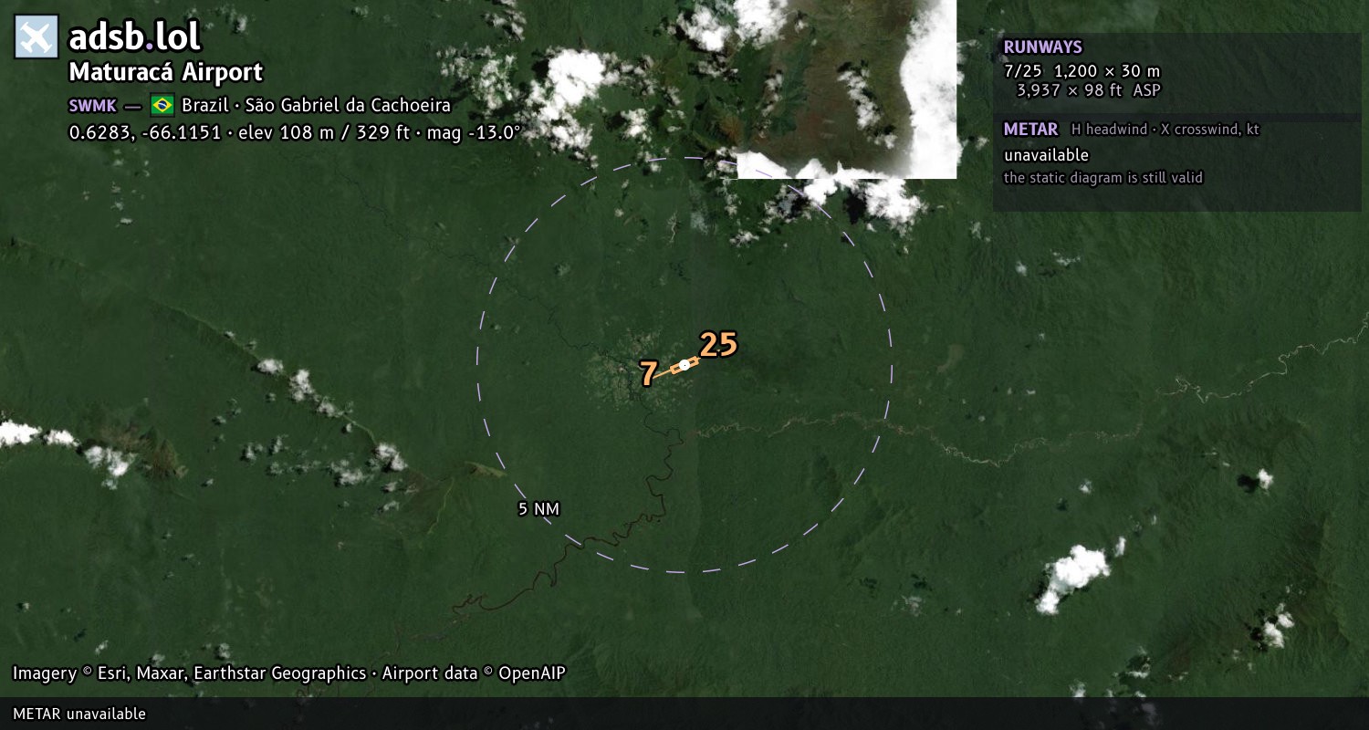 Satellite map with the runway layout of Maturacá Airport (SWMK)