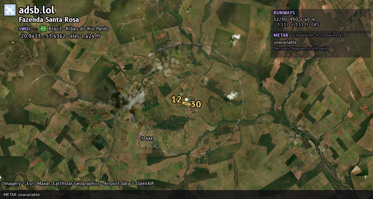 Satellite map with the runway layout of Fazenda Santa Rosa (SWQS)