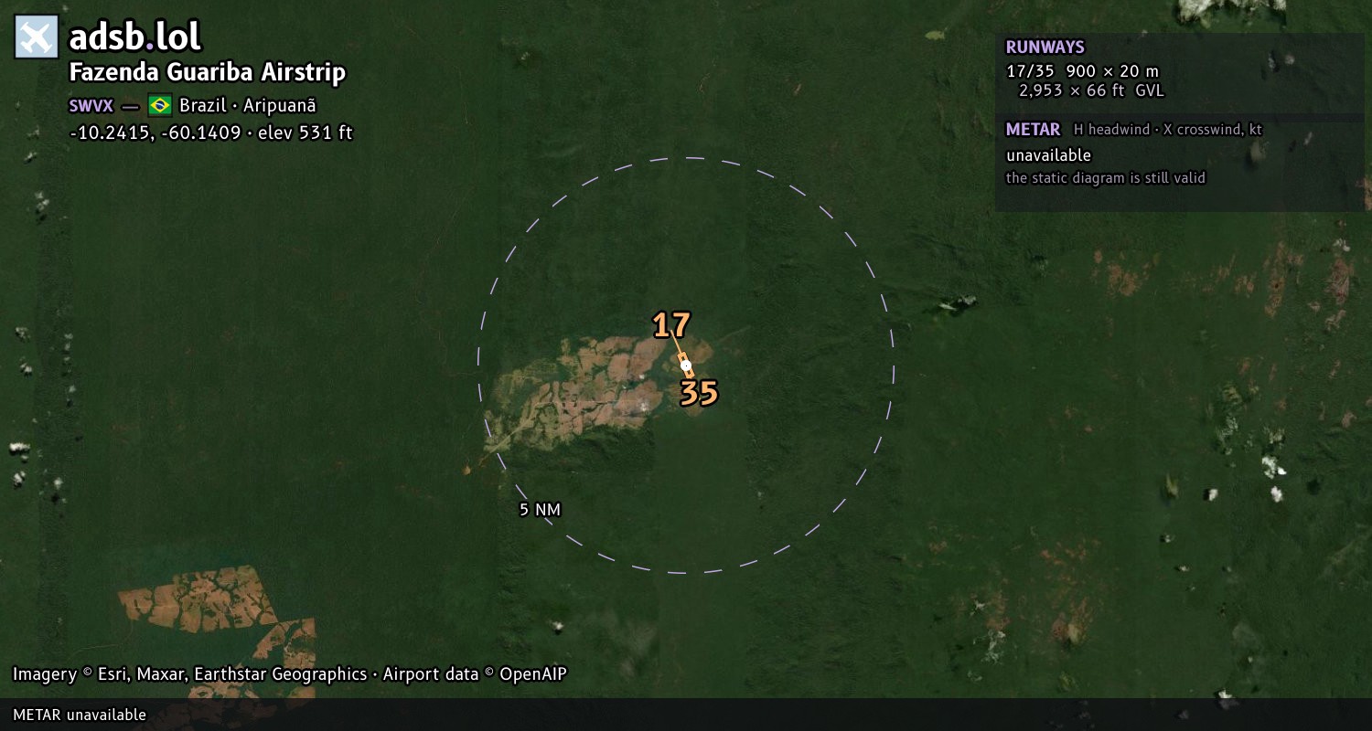 Satellite map with the runway layout of Fazenda Guariba Airstrip (SWVX)