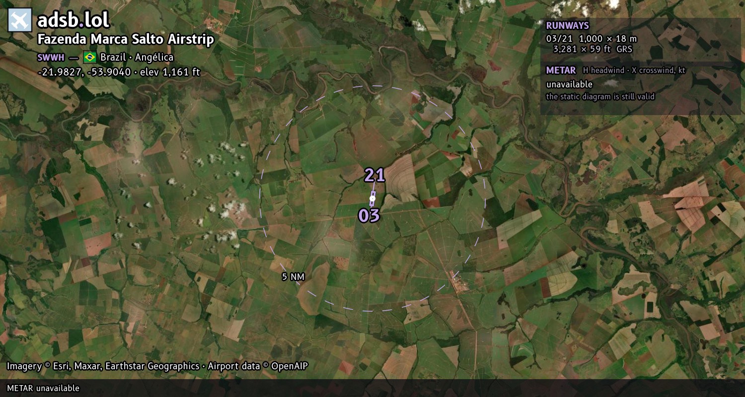 Satellite map with the runway layout of Fazenda Marca Salto Airstrip (SWWH)