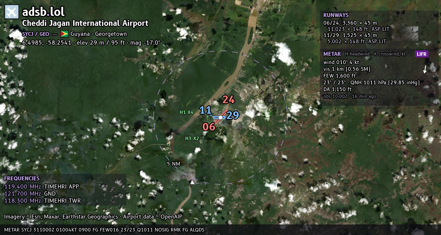 Satellite map with the runway layout of Cheddi Jagan International Airport (SYCJ)