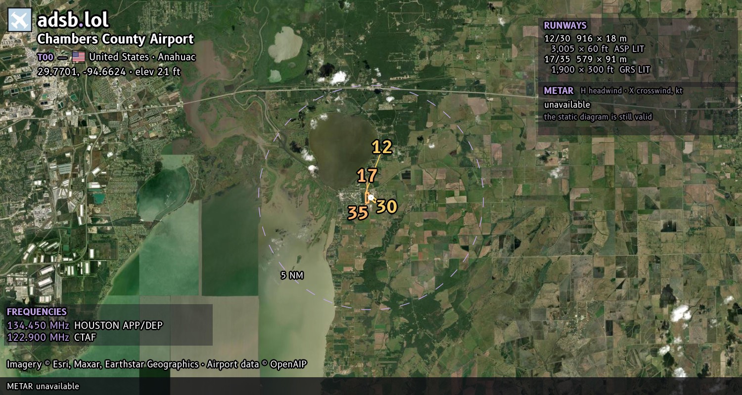 Satellite map with the runway layout of Chambers County Airport (T00)
