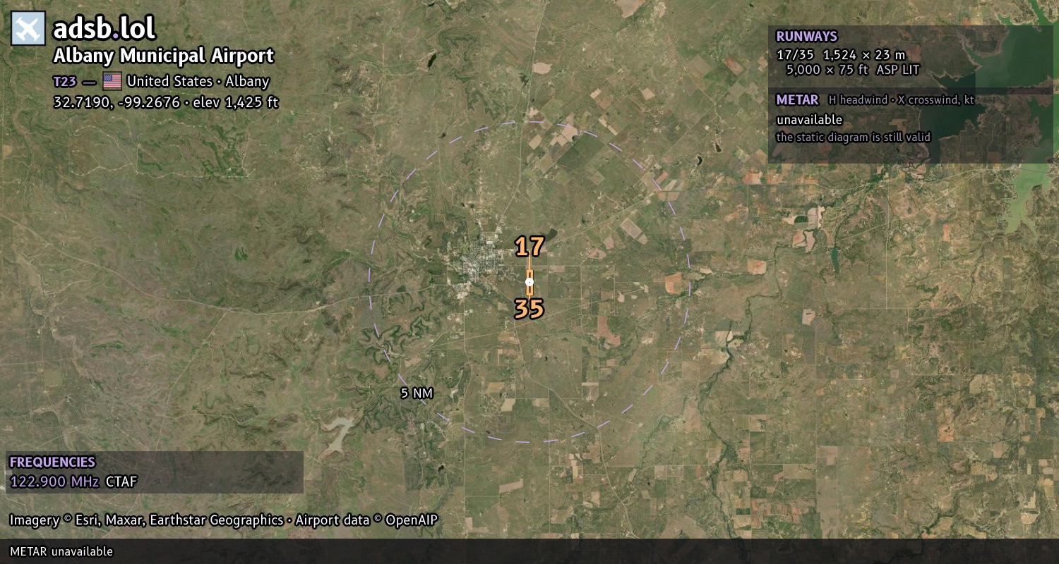 Satellite map with the runway layout of Albany Municipal Airport (T23)