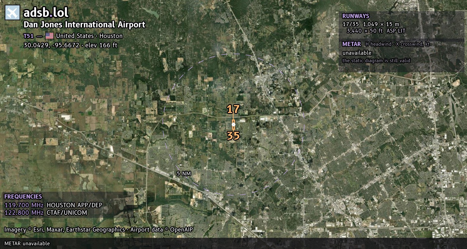 Satellite map with the runway layout of Dan Jones International Airport (T51)
