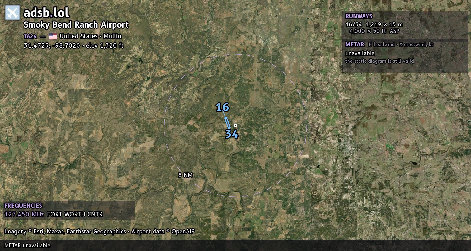 Satellite map with the runway layout of Smoky Bend Ranch Airport (TA24)