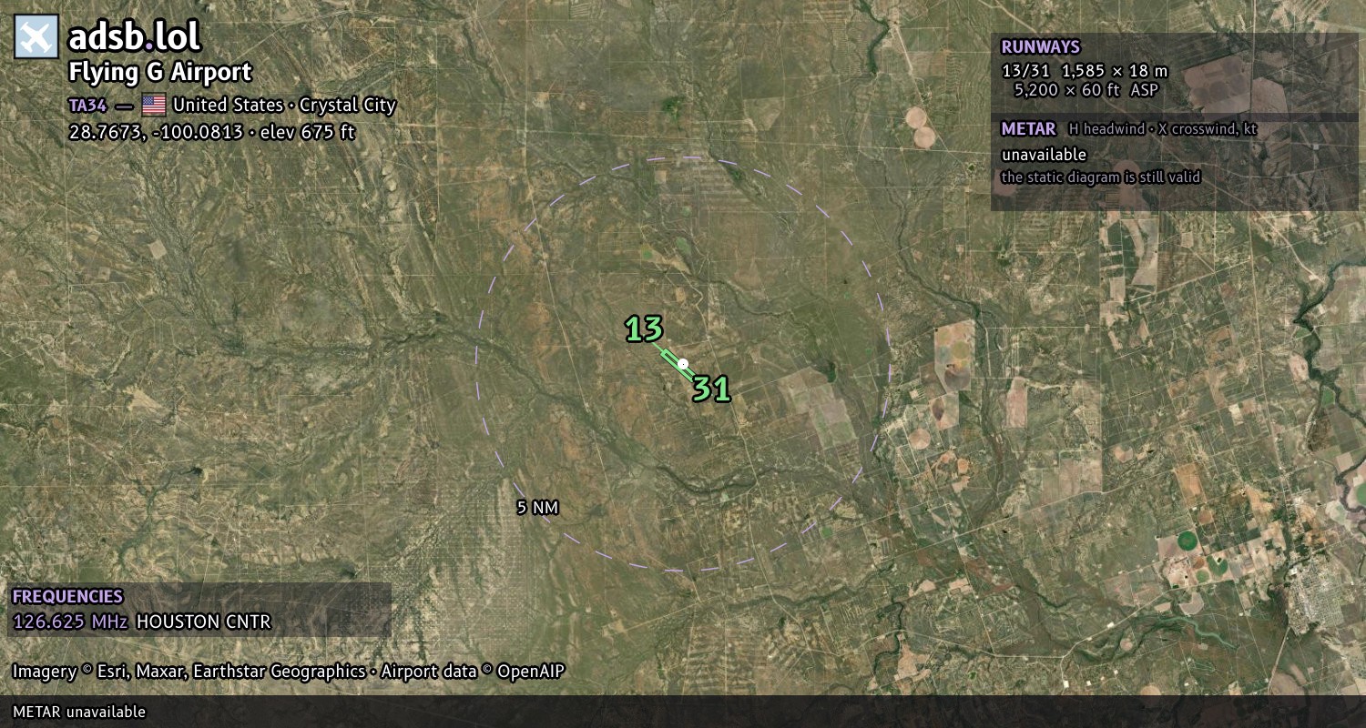 Satellite map with the runway layout of Flying G Airport (TA34)