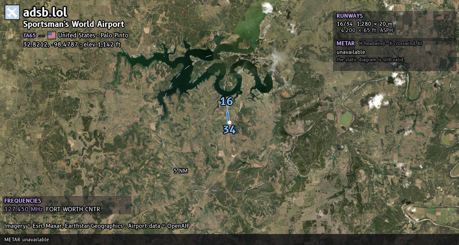Satellite map with the runway layout of Sportsman's World Airport (TA65)
