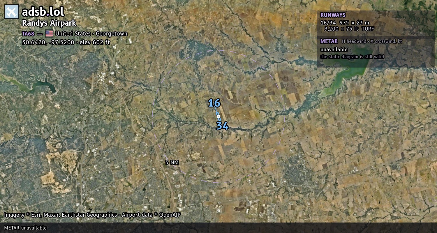 Satellite map with the runway layout of Randys Airpark (TA68)