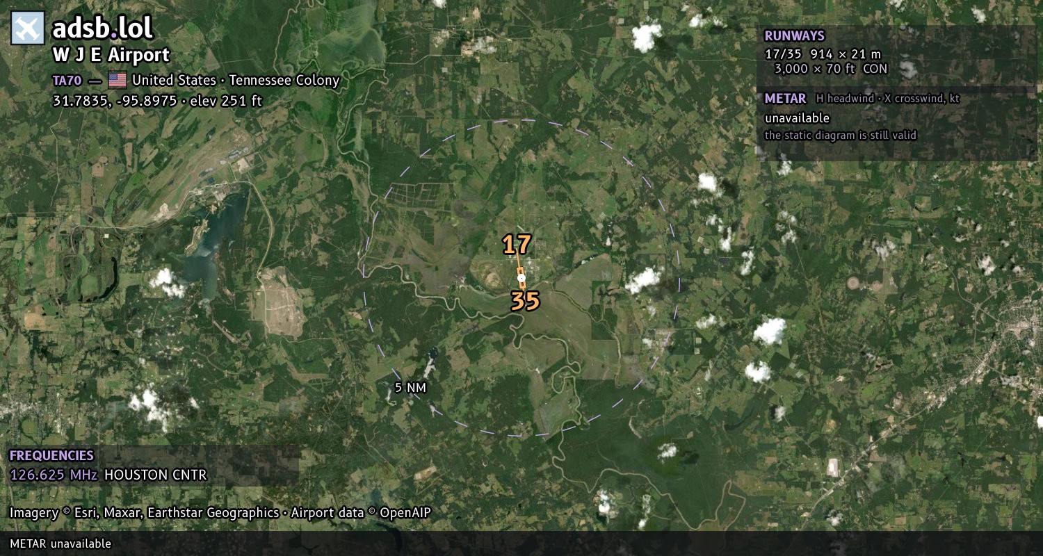 Satellite map with the runway layout of W J E Airport (TA70)