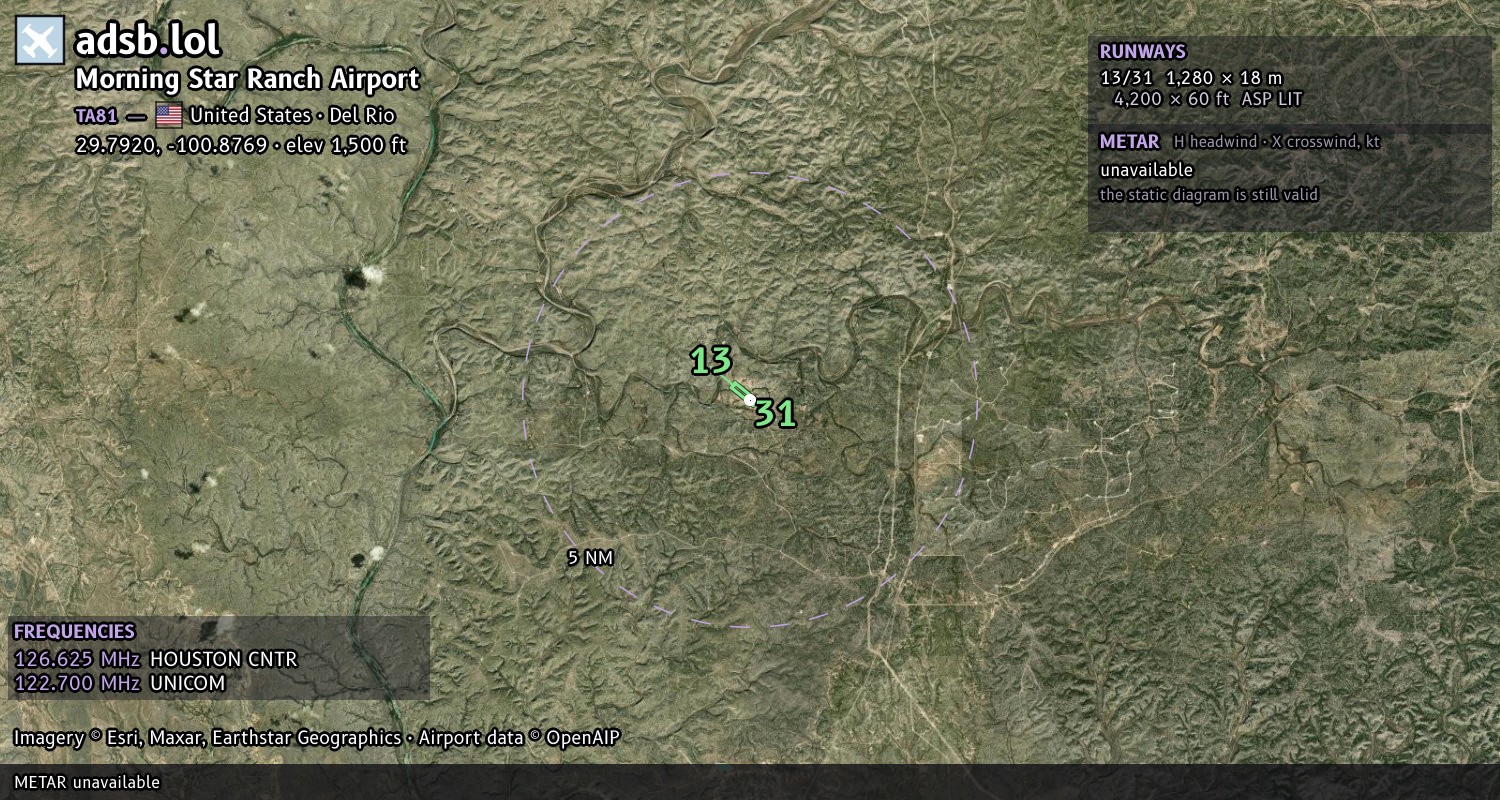 Satellite map with the runway layout of Morning Star Ranch Airport (TA81)
