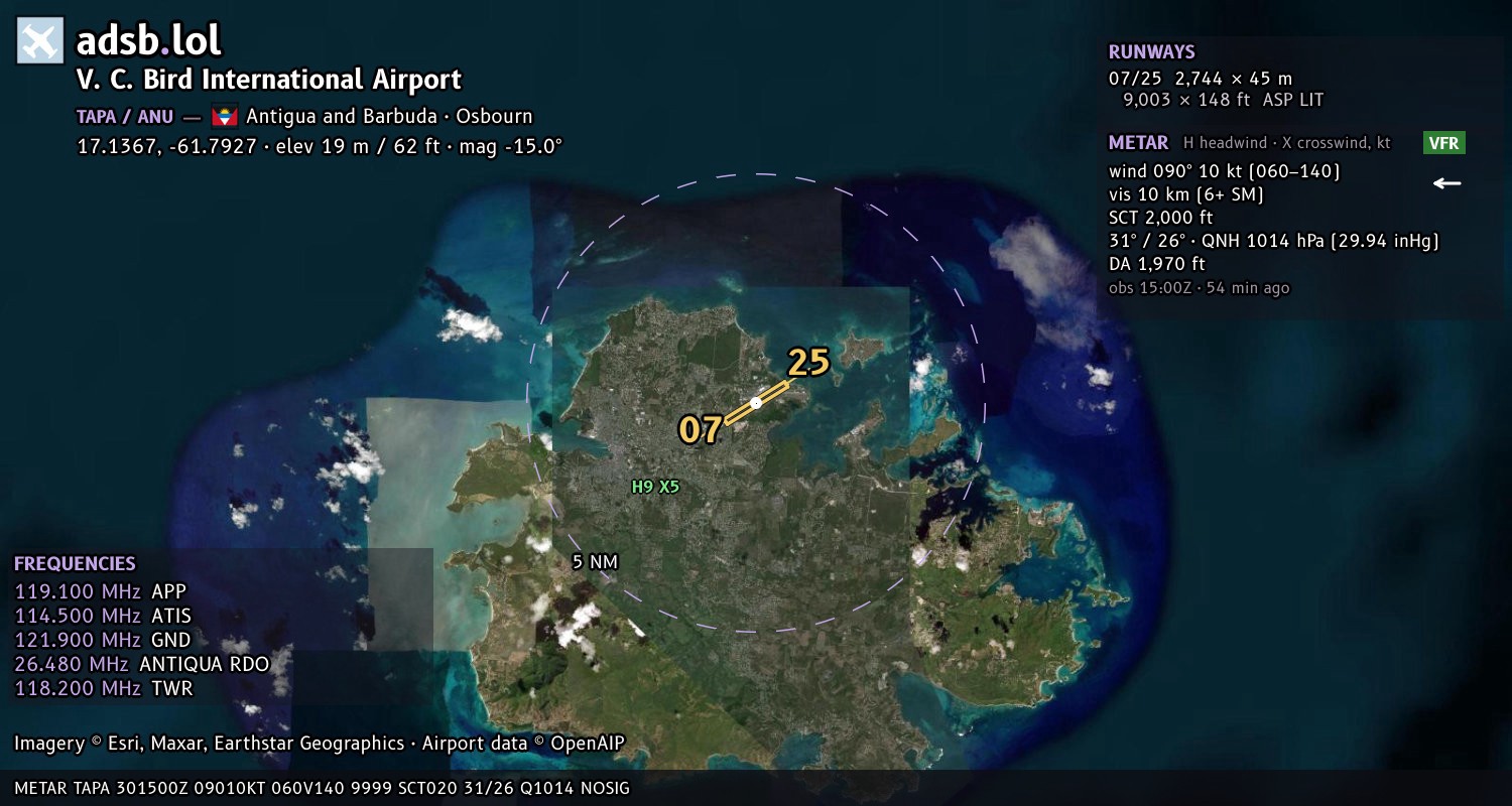 Satellite map with the runway layout of V. C. Bird International Airport (TAPA)