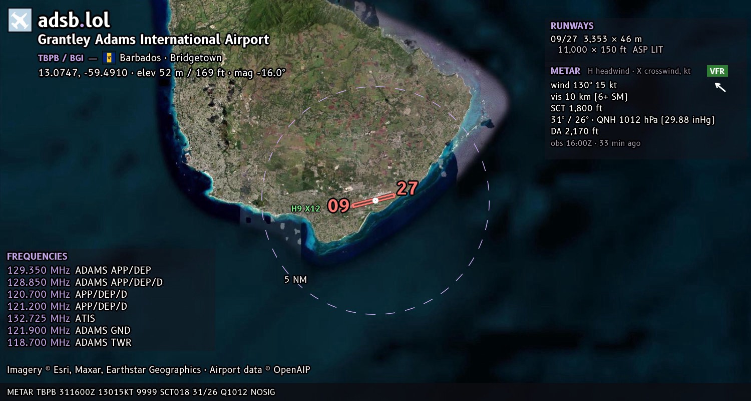 Satellite map with the runway layout of Grantley Adams International Airport (TBPB)