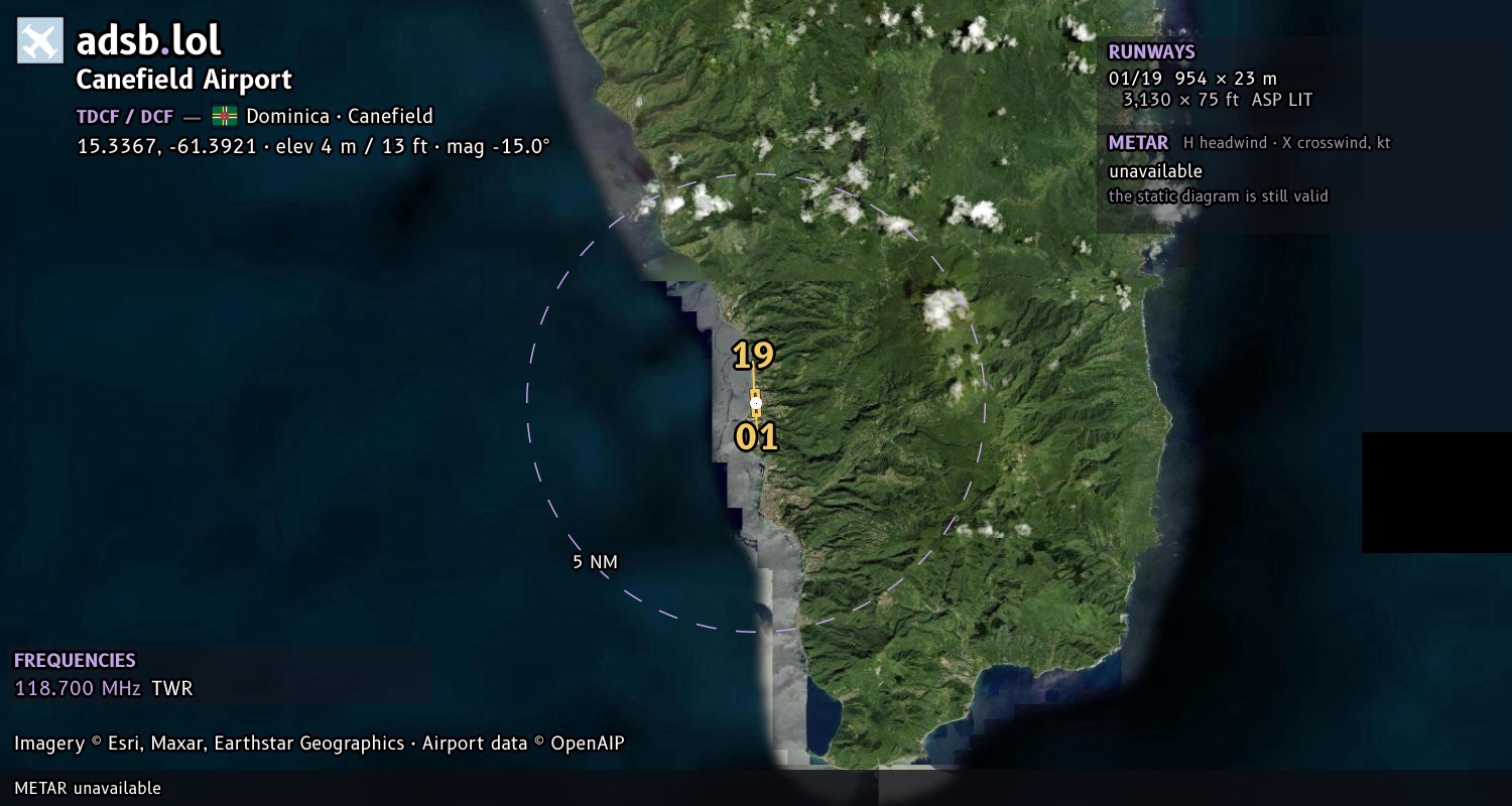Satellite map with the runway layout of Canefield Airport (TDCF)