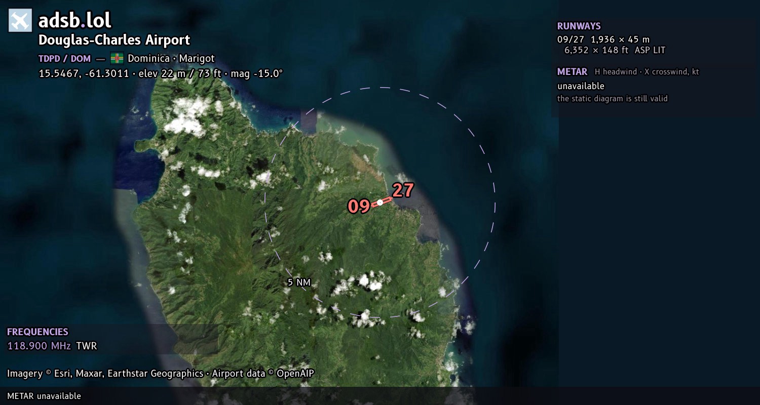 Satellite map with the runway layout of Douglas-Charles Airport (TDPD)