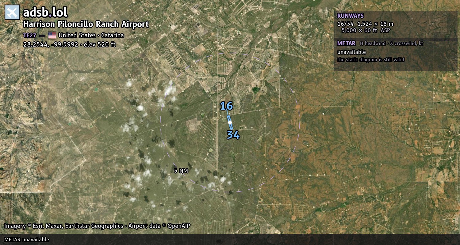 Satellite map with the runway layout of Harrison Piloncillo Ranch Airport (TE27)