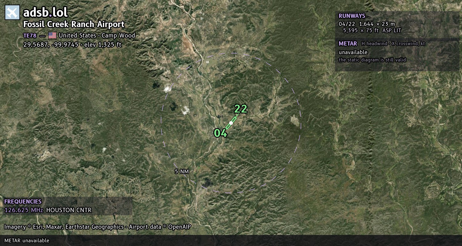 Satellite map with the runway layout of Fossil Creek Ranch Airport (TE78)