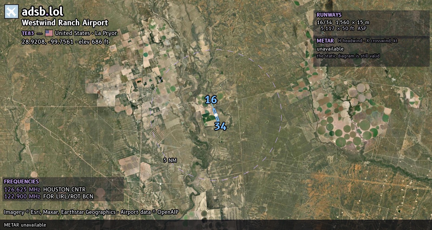 Satellite map with the runway layout of Westwind Ranch Airport (TE83)