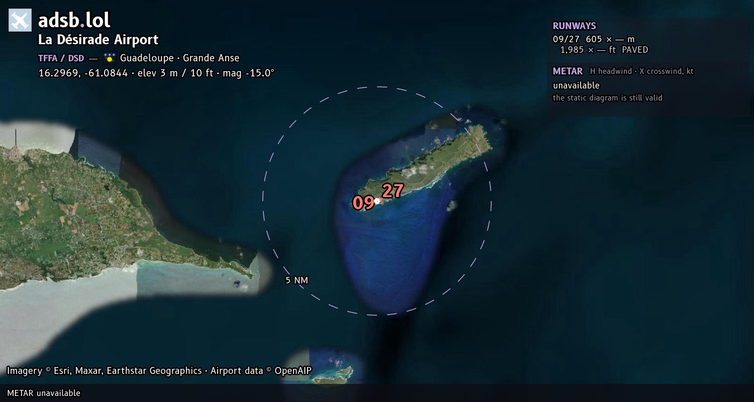 Satellite map with the runway layout of La Désirade Airport (TFFA)