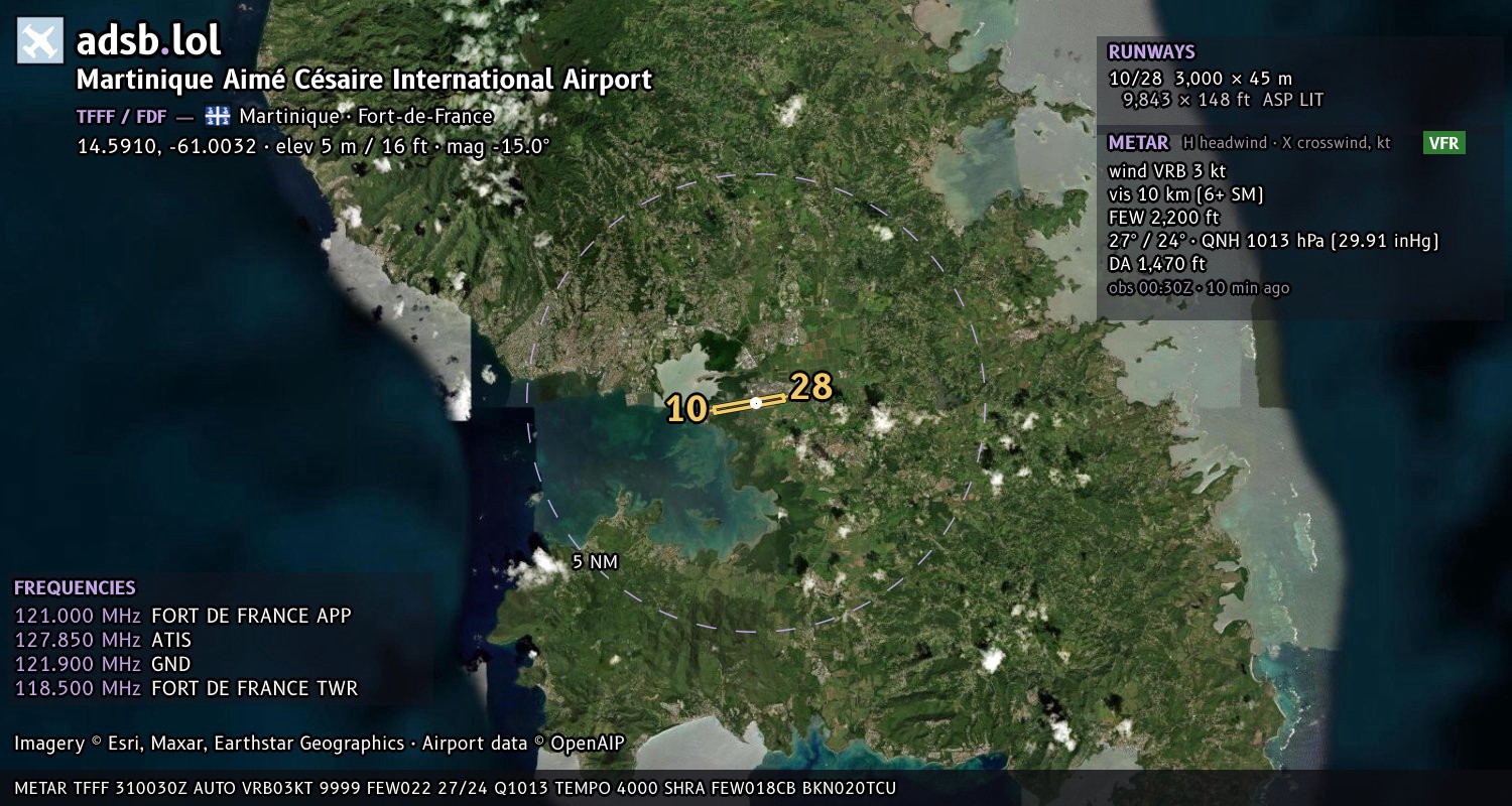 Satellite map with the runway layout of Martinique Aimé Césaire International Airport (TFFF)