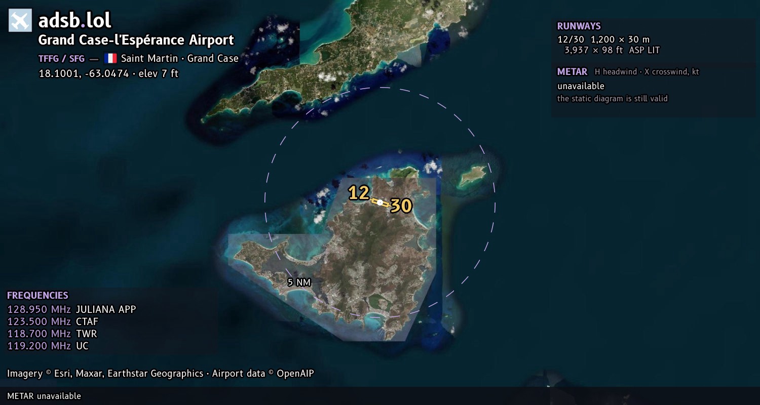 Satellite map with the runway layout of Grand Case-l'Espérance Airport (TFFG)