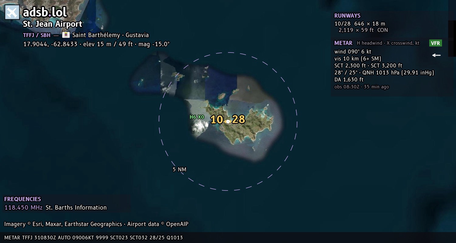 Satellite map with the runway layout of St. Jean Airport (TFFJ)