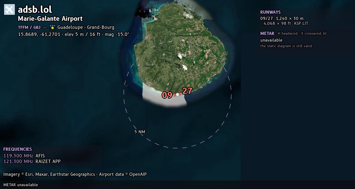 Satellite map with the runway layout of Marie-Galante Airport (TFFM)