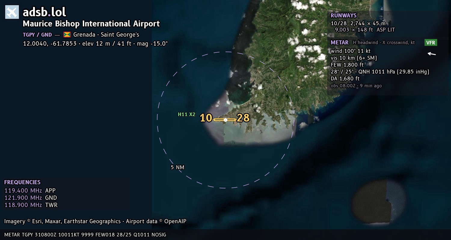 Satellite map with the runway layout of Maurice Bishop International Airport (TGPY)