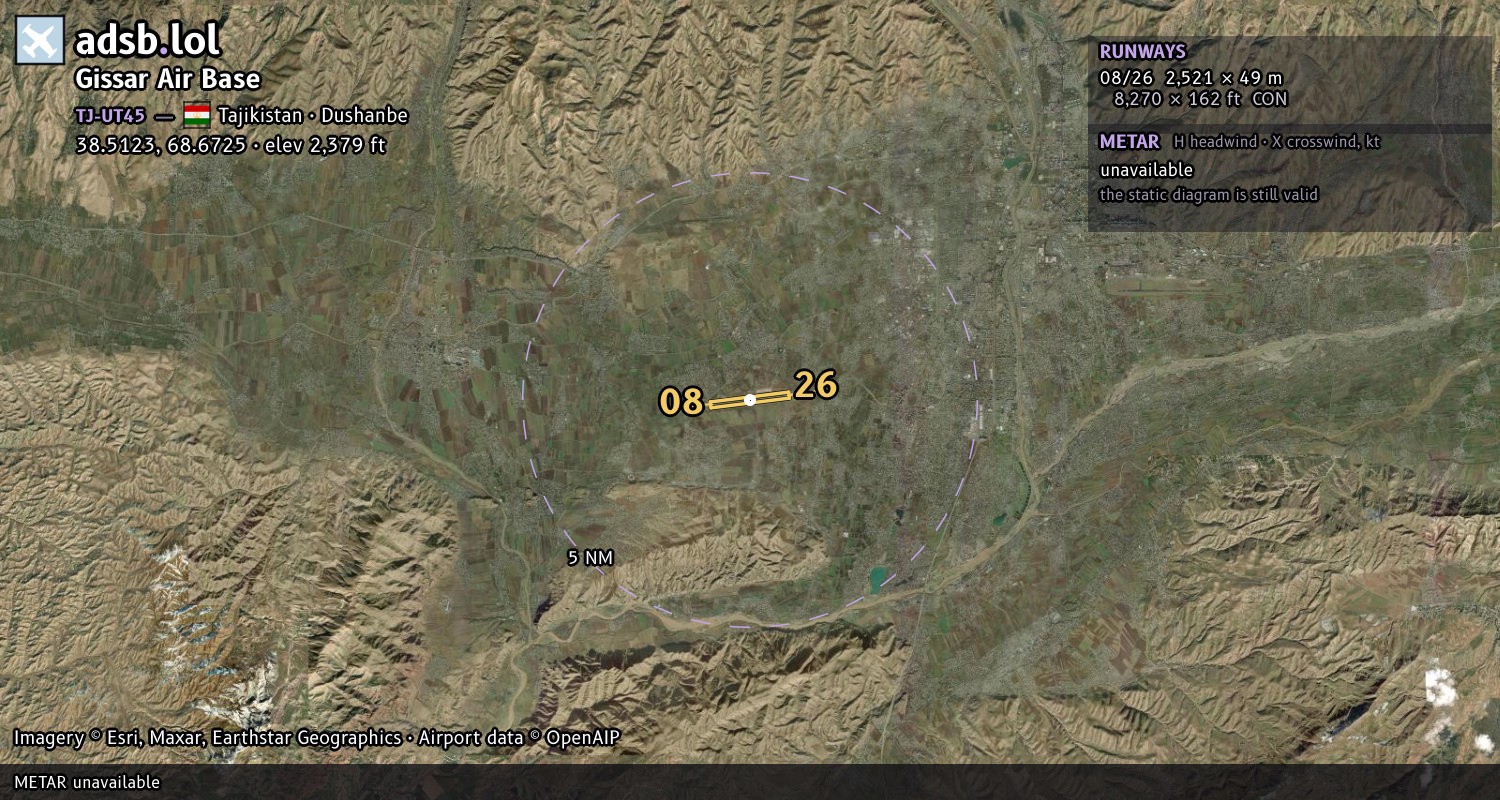 Satellite map with the runway layout of Gissar Air Base (TJ-UT45)