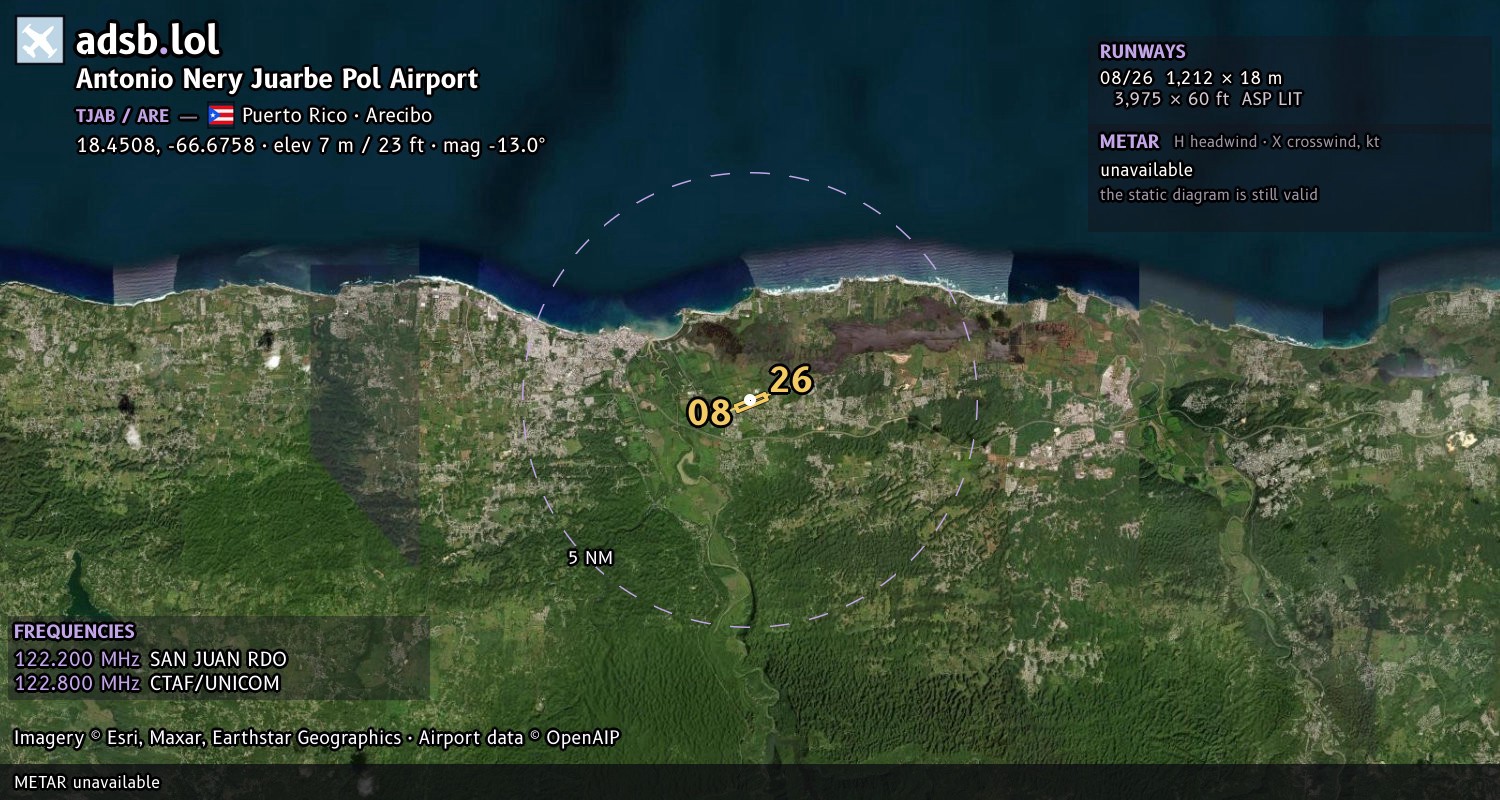 Satellite map with the runway layout of Antonio Nery Juarbe Pol Airport (TJAB)