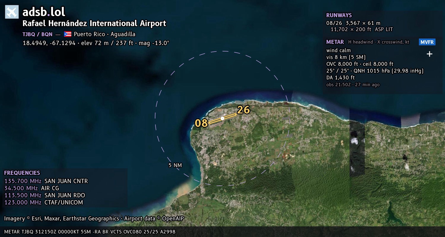 Satellite map with the runway layout of Rafael Hernández International Airport (TJBQ)
