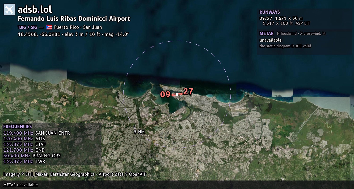 Satellite map with the runway layout of Fernando Luis Ribas Dominicci Airport (TJIG)