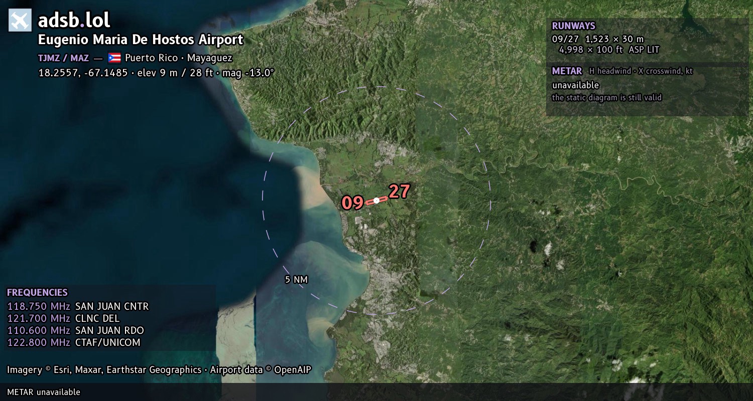 Satellite map with the runway layout of Eugenio Maria De Hostos Airport (TJMZ)