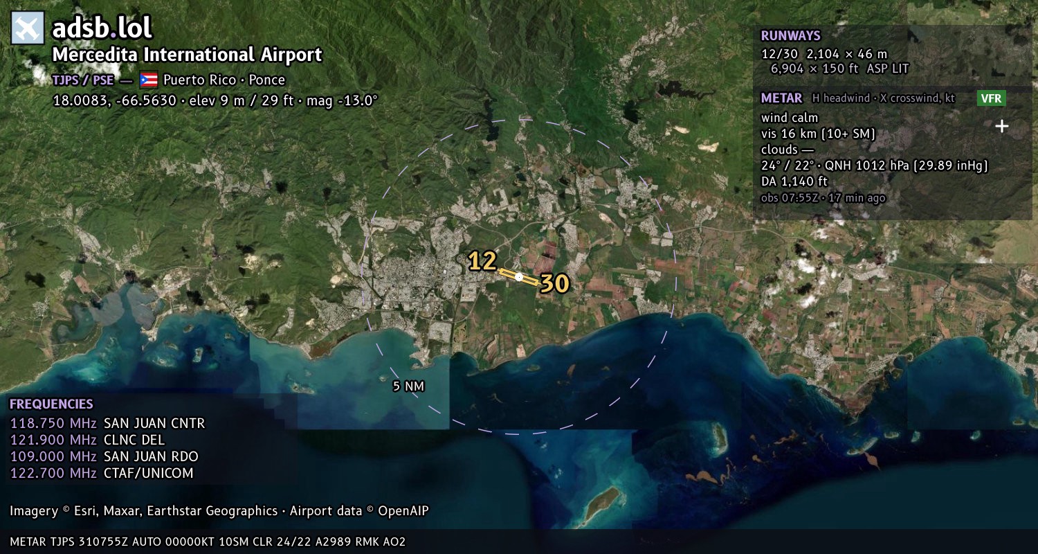 Satellite map with the runway layout of Mercedita International Airport (TJPS)