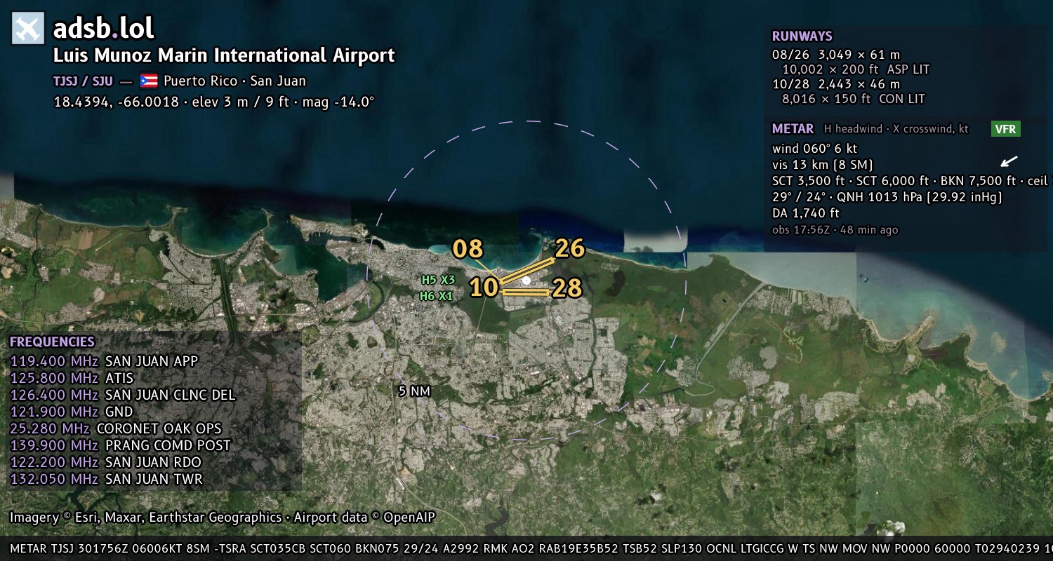 Satellite map with the runway layout of Luis Munoz Marin International Airport (TJSJ)