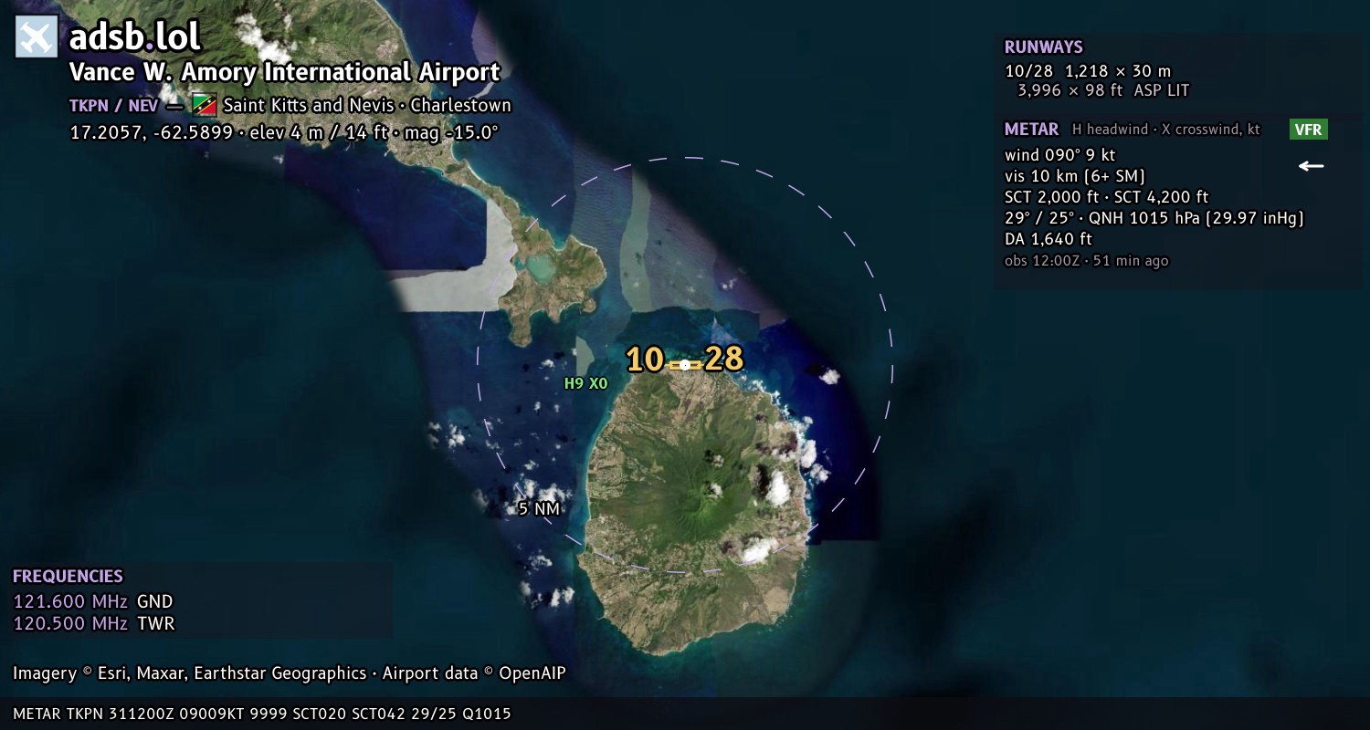 Satellite map with the runway layout of Vance W. Amory International Airport (TKPN)