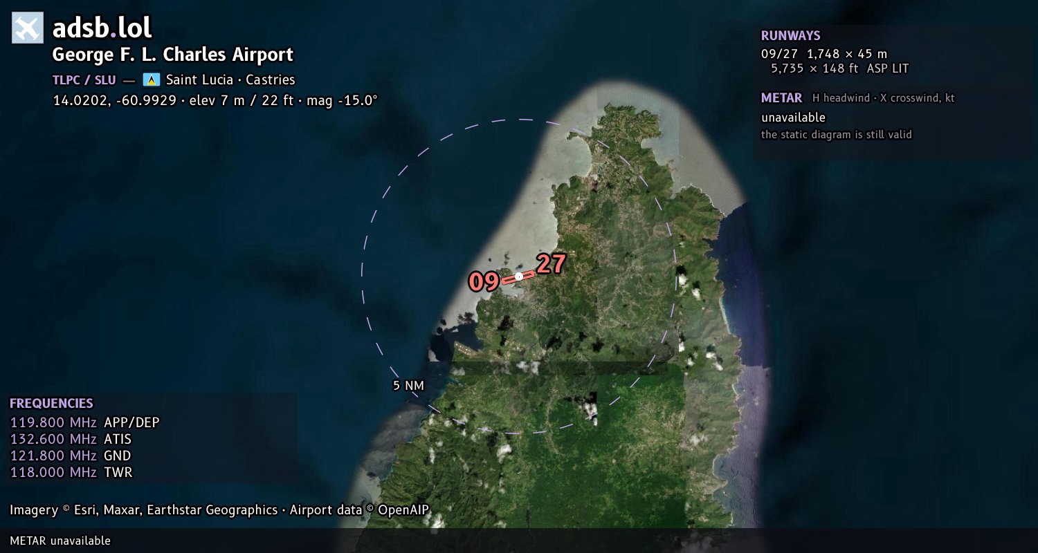 Satellite map with the runway layout of George F. L. Charles Airport (TLPC)