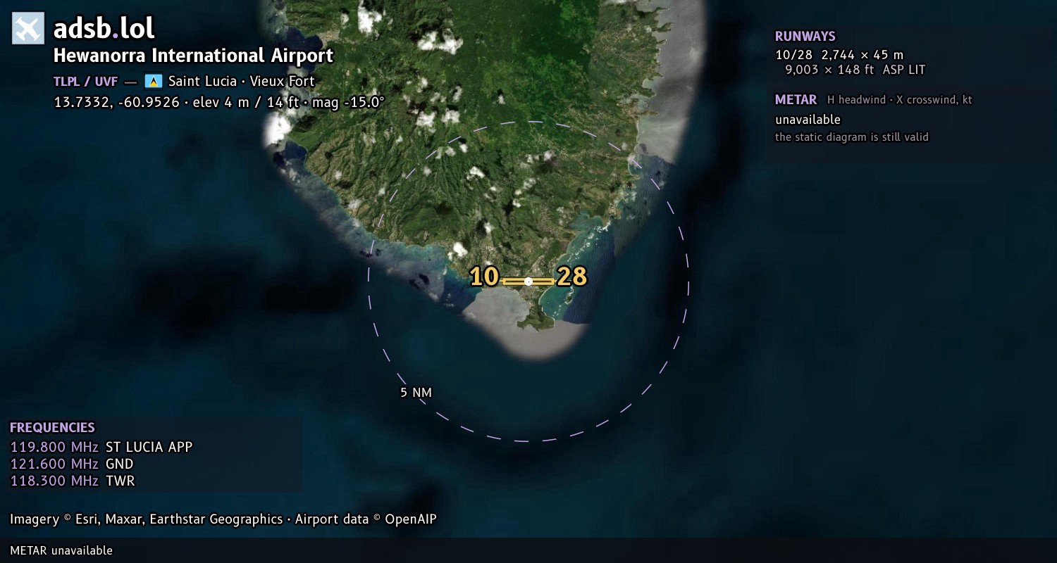 Satellite map with the runway layout of Hewanorra International Airport (TLPL)