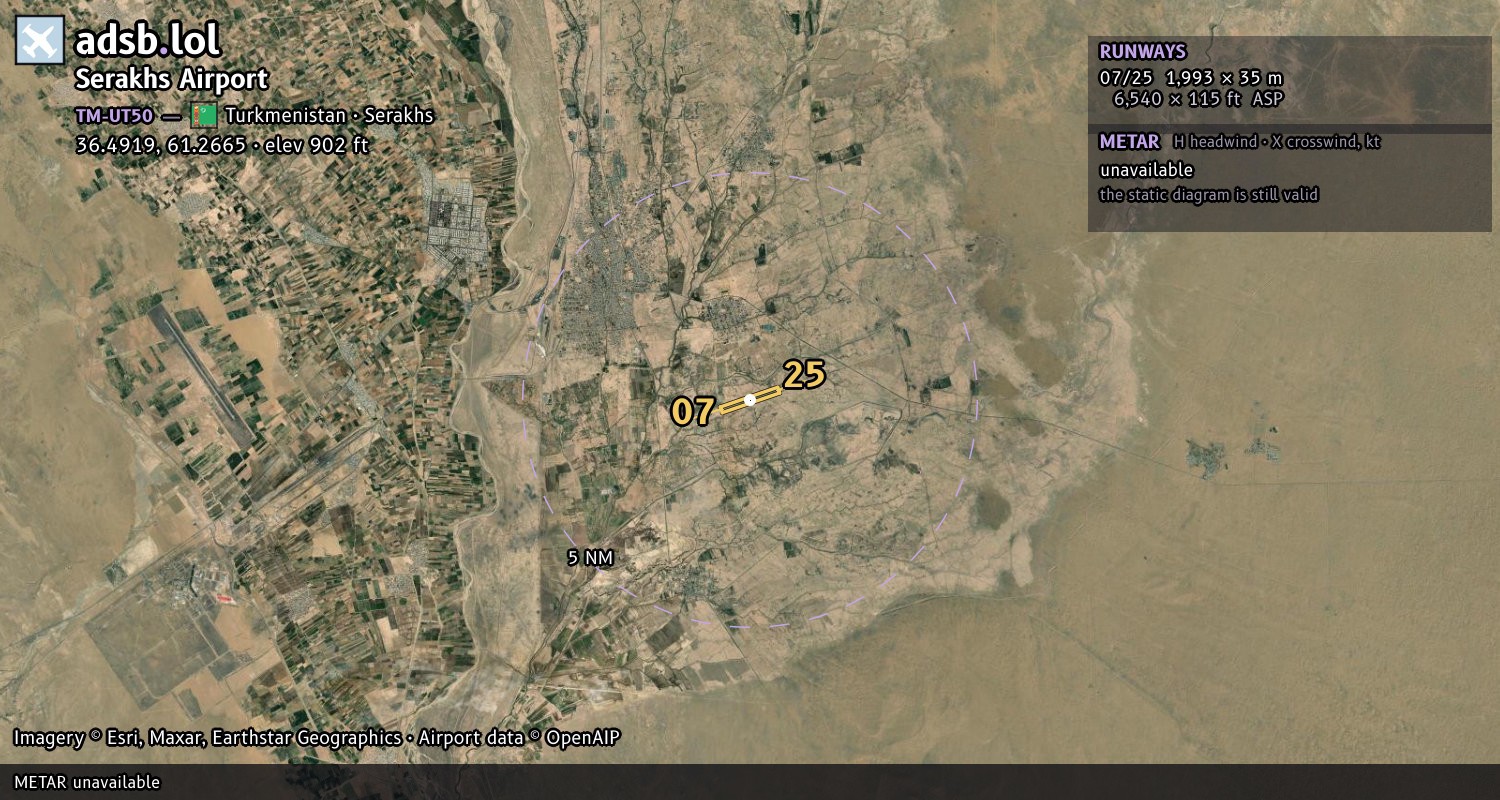 Satellite map with the runway layout of Serakhs Airport (TM-UT50)