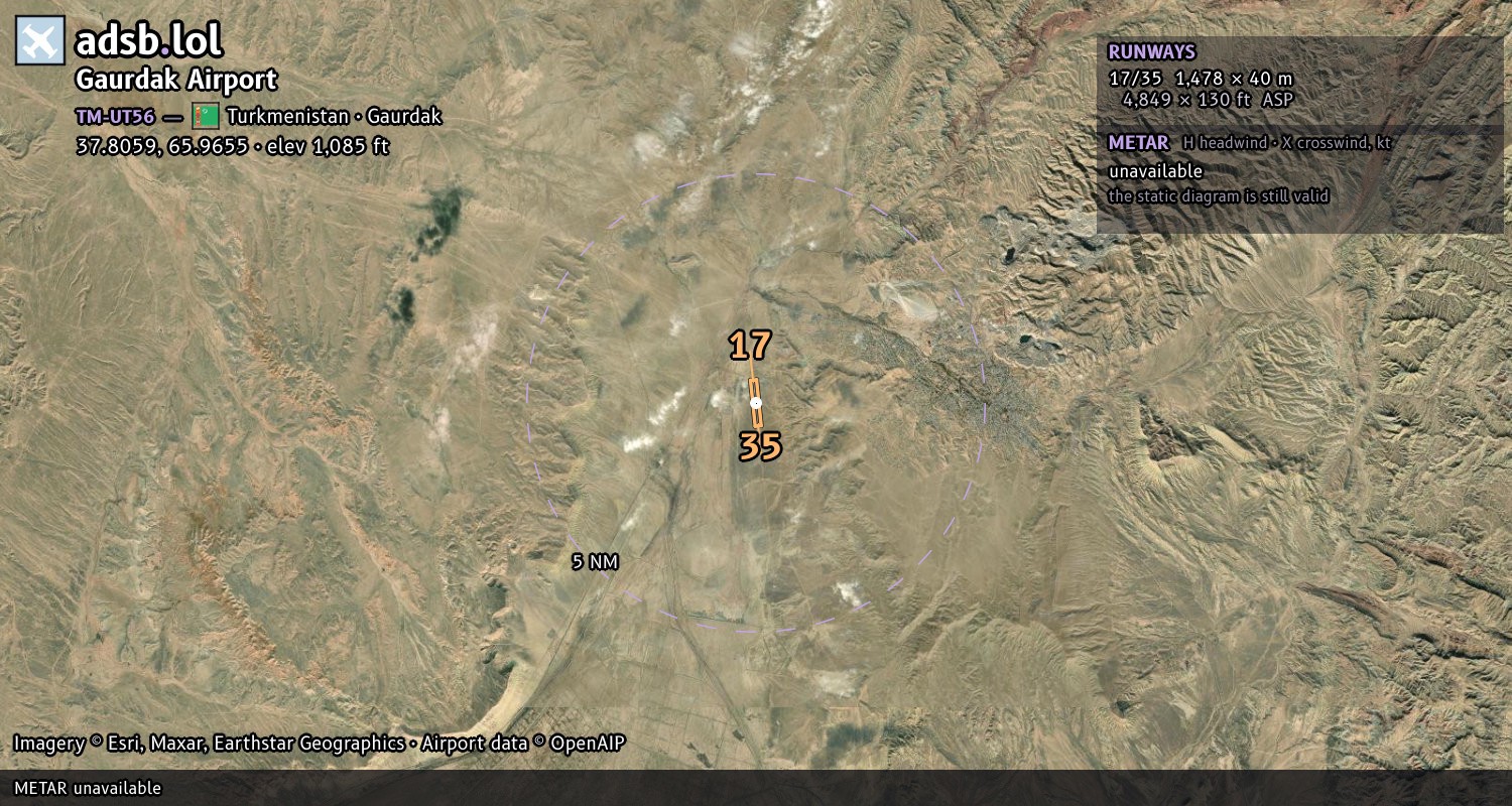 Satellite map with the runway layout of Gaurdak Airport (TM-UT56)